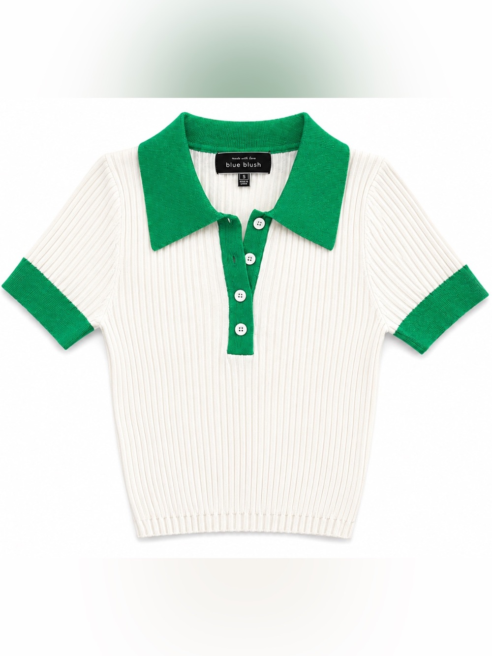 Blue Blush Cream Ribbed Knit Green Contrast Polo Top Size S